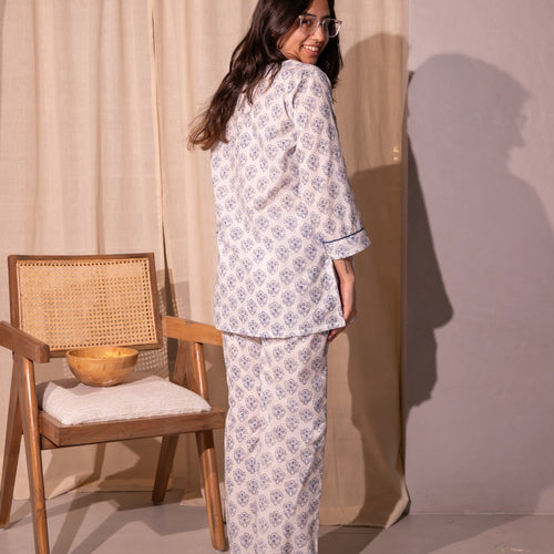 Blue and White Bela Blockprinted Loungewear Pyjama Set-loungewear-House of Ekam