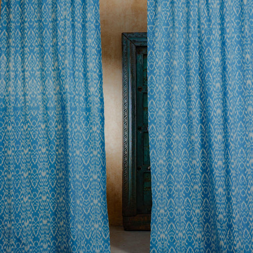 Blue and White Dhara Ikat Handloom Curtain-Curtains-House of Ekam