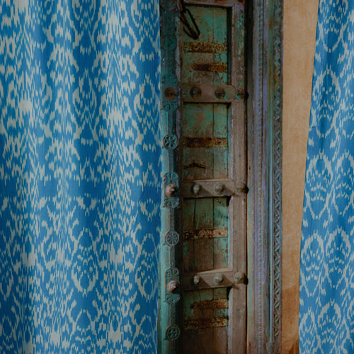 Blue and White Dhara Ikat Handloom Curtain-Curtains-House of Ekam