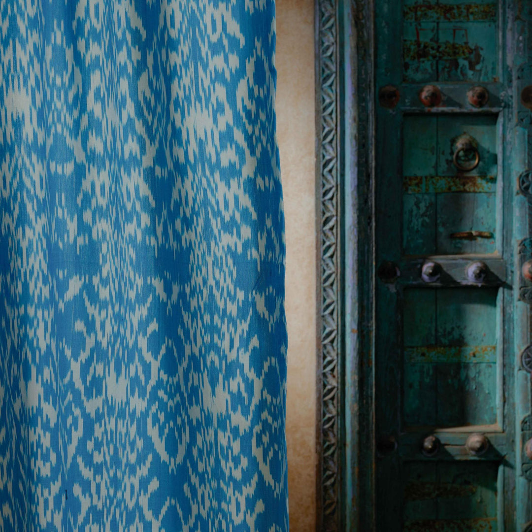 Blue and White Dhara Ikat Handloom Curtain-Curtains-House of Ekam