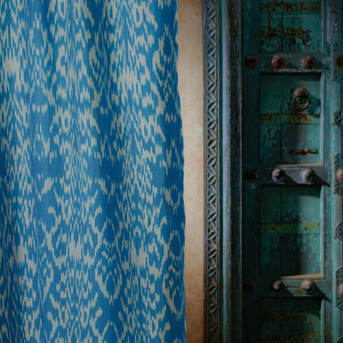 Blue and White Dhara Ikat Handloom Curtain-Curtains-House of Ekam