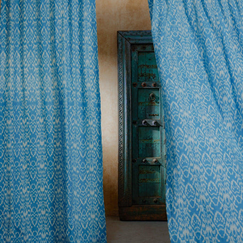 Blue and White Dhara Ikat Handloom Curtain-Curtains-House of Ekam