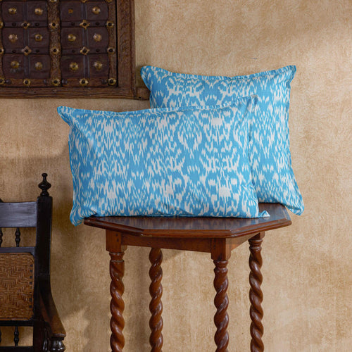 Blue and White Dhara Ikat Handloom Cushion Cover-Cushion Covers-House of Ekam