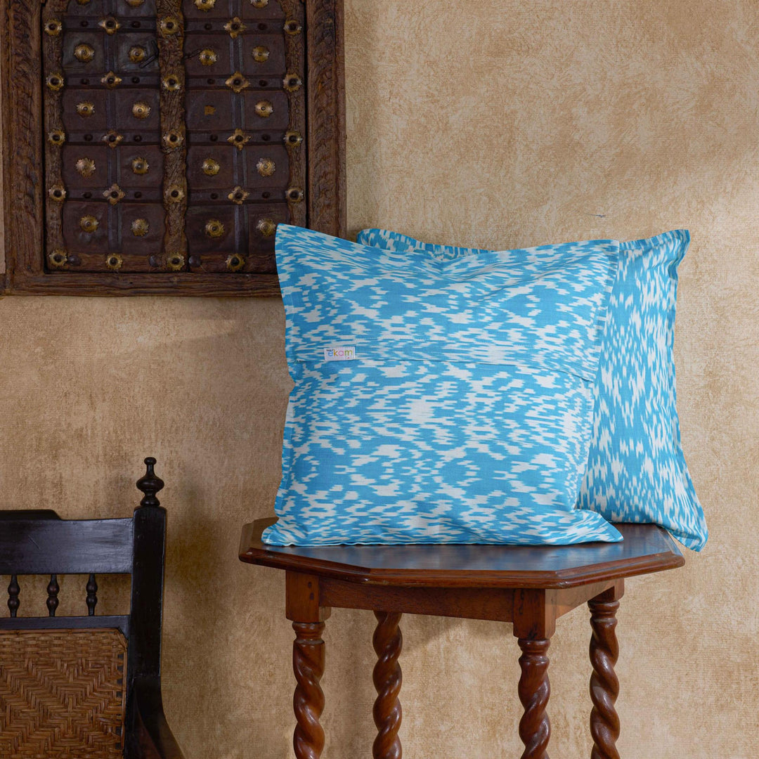 Blue and White Dhara Ikat Handloom Cushion Cover-Cushion Covers-House of Ekam