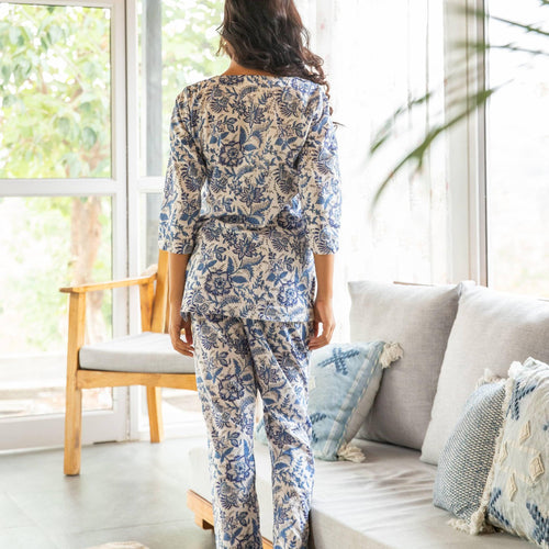 Blue and White Floral Blockprinted Loungewear Pyjama Set-loungewear-House of Ekam