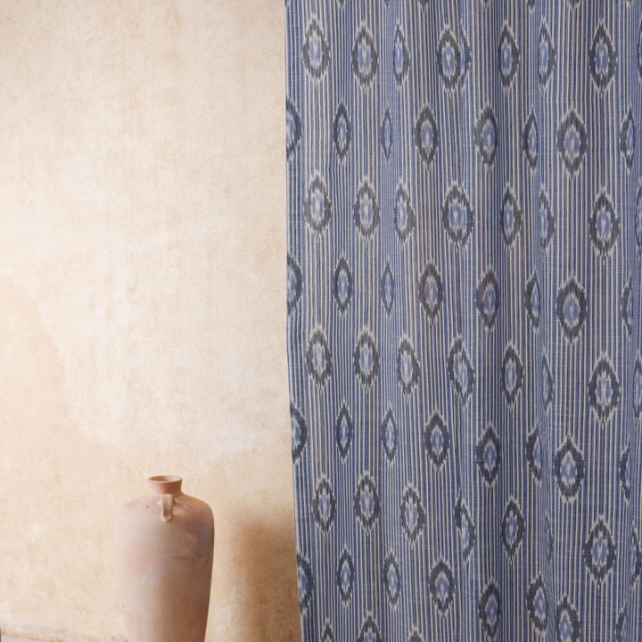 Blue and White Manjira Ikat Handloom Curtain-Curtains-House of Ekam