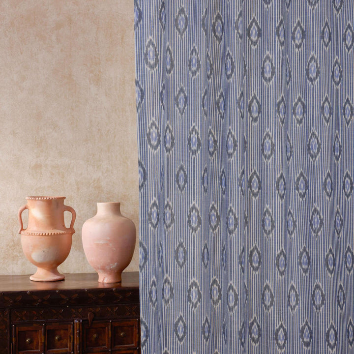 Blue and White Manjira Ikat Handloom Curtain-Curtains-House of Ekam