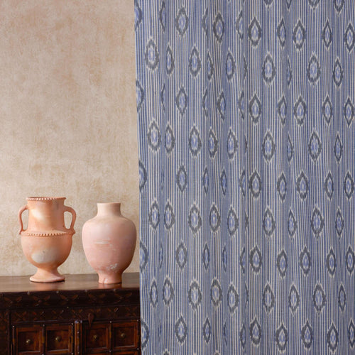 Blue and White Manjira Ikat Handloom Curtain-Curtains-House of Ekam