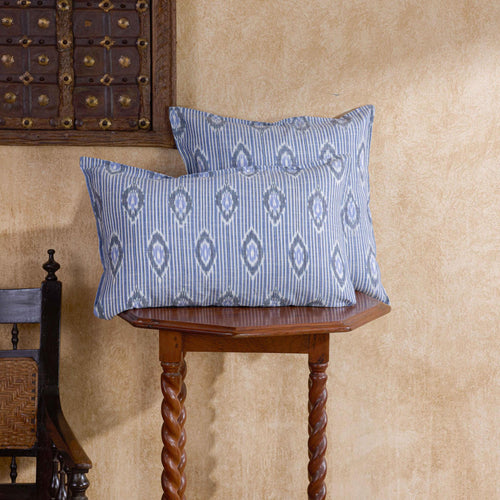 Blue and White Manjira Ikat Handloom Cushion Cover-Cushion Covers-House of Ekam