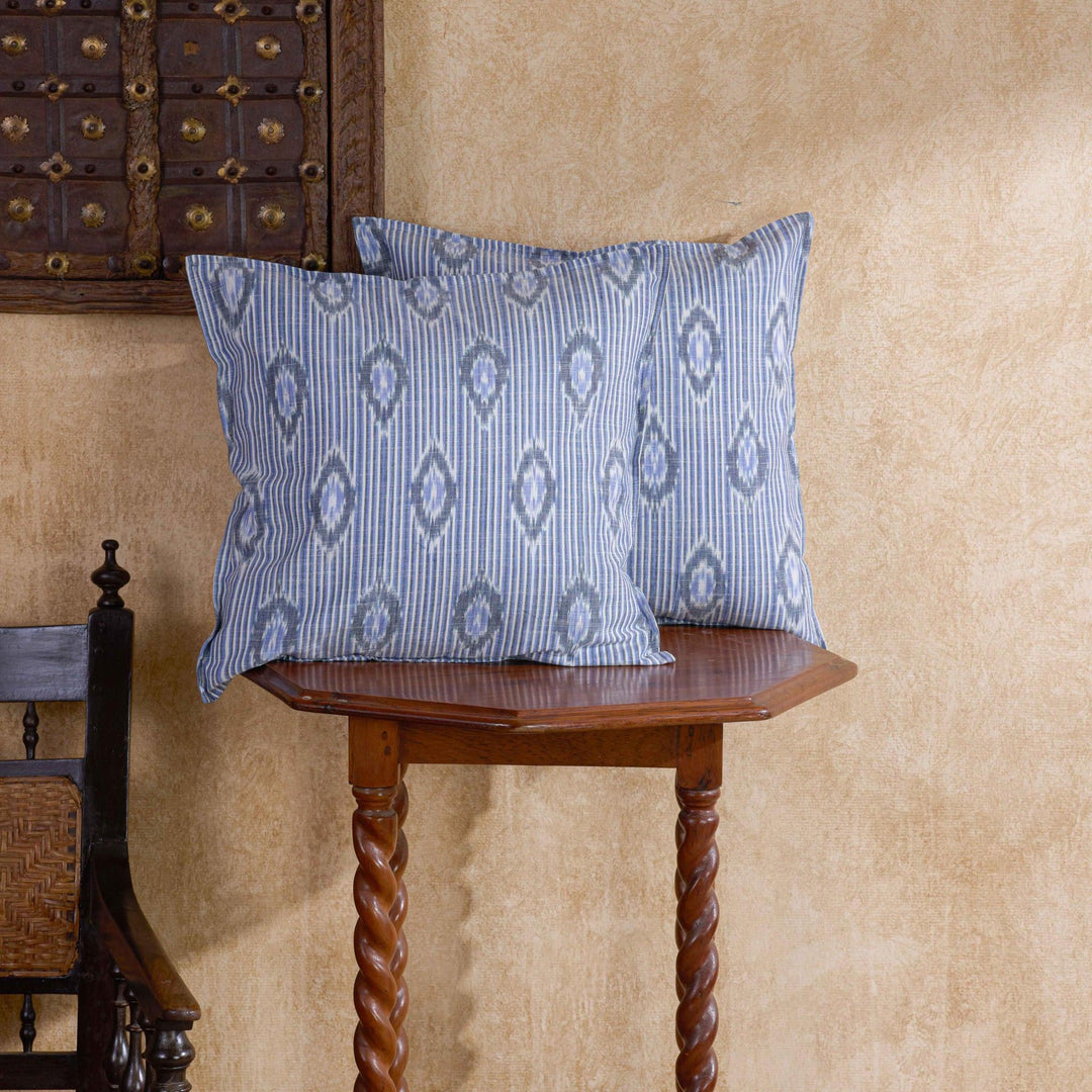 Blue and White Manjira Ikat Handloom Cushion Cover-Cushion Covers-House of Ekam