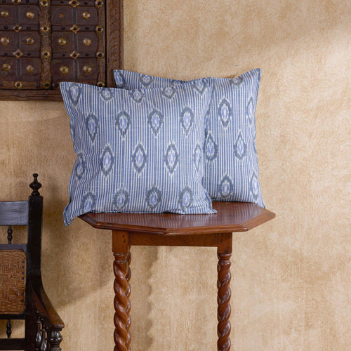 Blue and White Manjira Ikat Handloom Cushion Cover-Cushion Covers-House of Ekam