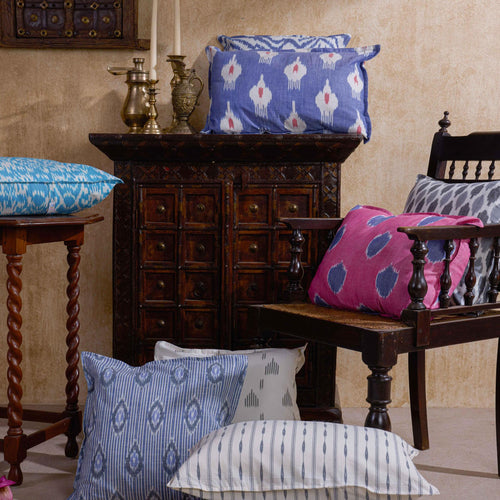 Blue and White Neerja Ikat Handloom Cushion Cover-Cushion Covers-House of Ekam
