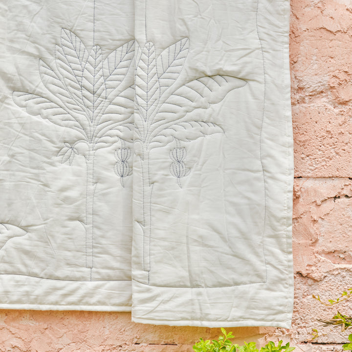 Blue and White Tropical Palm Embroidered Quilt-Quilt sets-House of Ekam