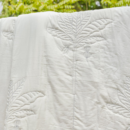 Blue and White Tropical Palm Embroidered Quilt-Quilt sets-House of Ekam