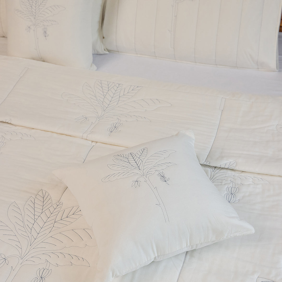 Blue and White Tropical Palm Embroidered Quilt-Quilt sets-House of Ekam