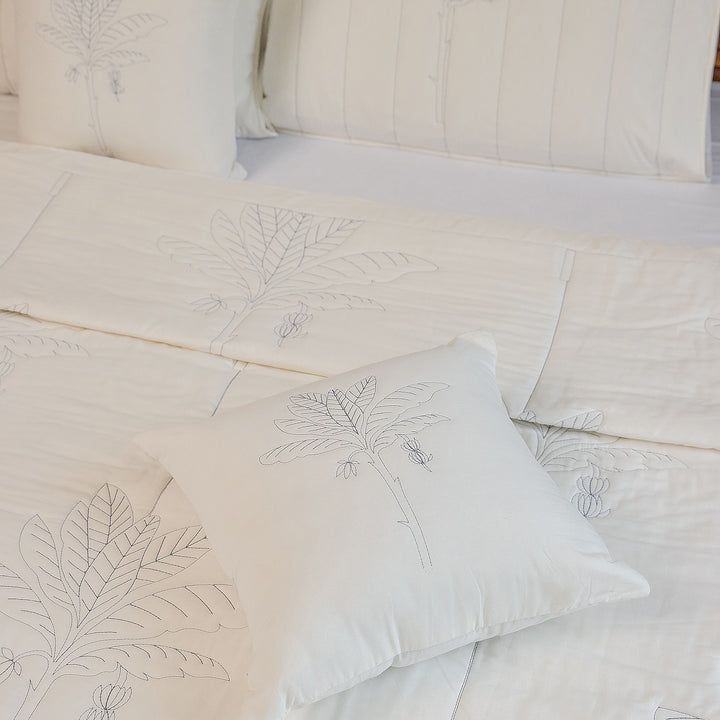 Blue and White Tropical Palm Embroidered Quilt-Quilt sets-House of Ekam