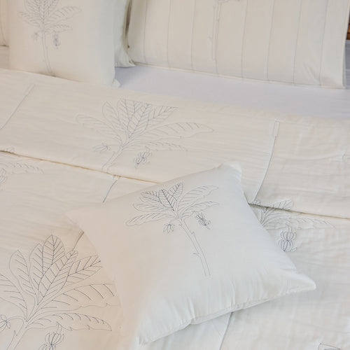 Blue and White Tropical Palm Embroidered Quilt-Quilt sets-House of Ekam