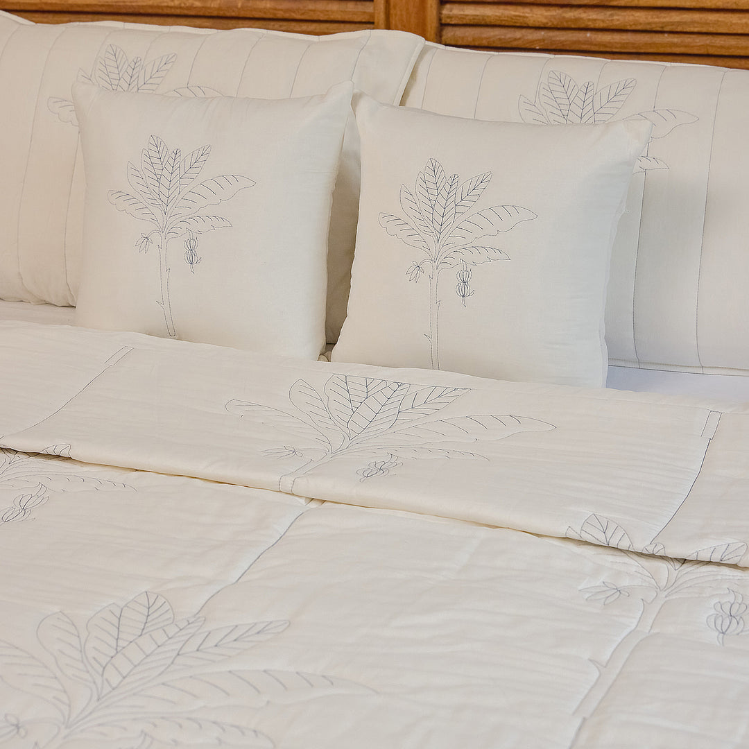 Blue and White Tropical Palm Embroidered Quilt-Quilt sets-House of Ekam