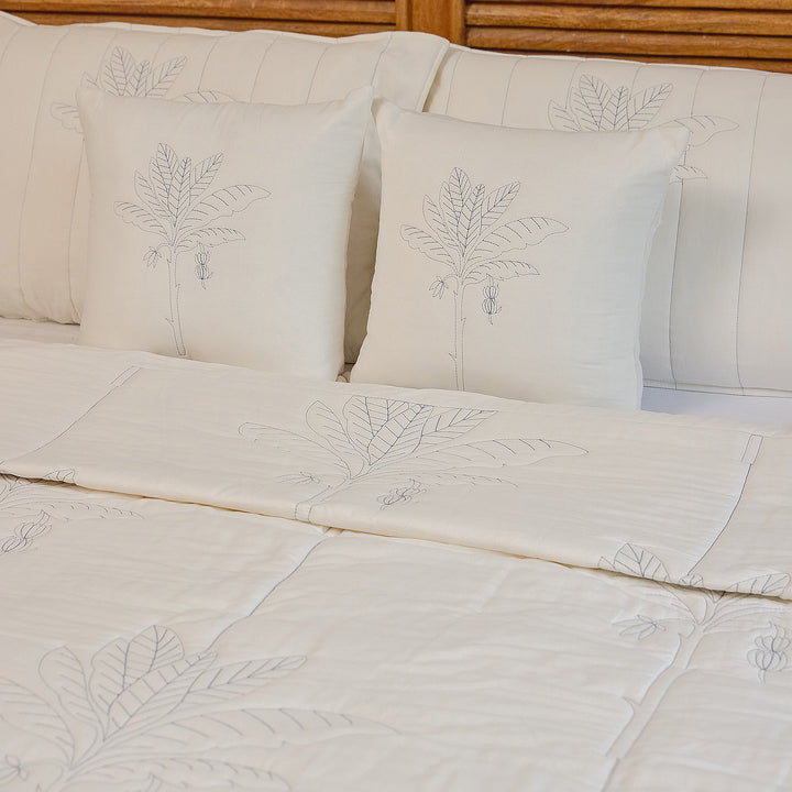 Blue and White Tropical Palm Embroidered Quilt-Quilt sets-House of Ekam