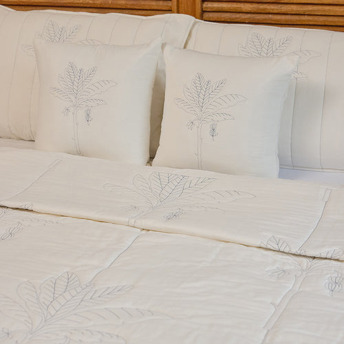 Blue and White Tropical Palm Embroidered Quilt-Quilt sets-House of Ekam