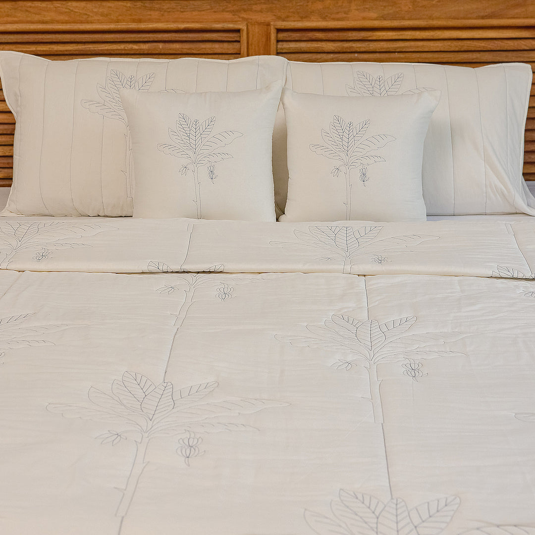 Blue and White Tropical Palm Embroidered Quilt-Quilt sets-House of Ekam
