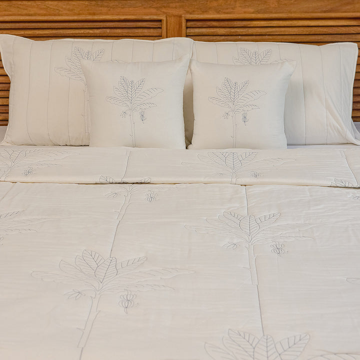 Blue and White Tropical Palm Embroidered Quilt-Quilt sets-House of Ekam