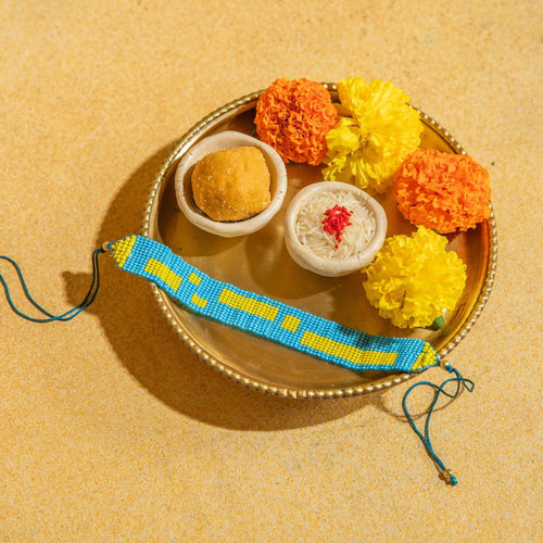 Blue and Yellow Beadwork Rakhi-Rakhis-House of Ekam