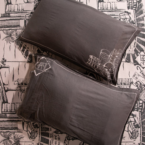 Born in Bombay Monochrome Screenprint Double Bedsheet With Pillow Cover-Bedsheets-House of Ekam