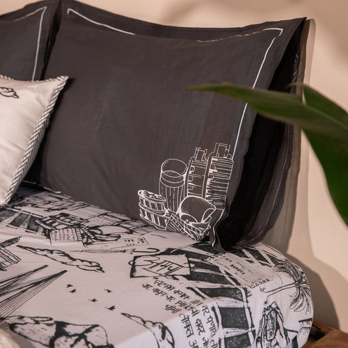 Born in Bombay Monochrome Screenprint Double Bedsheet With Pillow Cover-Bedsheets-House of Ekam