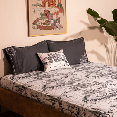 Born in Bombay Monochrome Screenprint Double Bedsheet With Pillow Cover-Bedsheets-House of Ekam