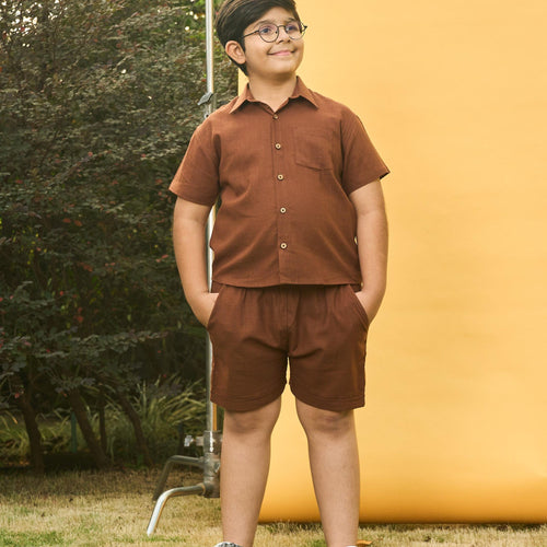 Brown Cotton Slub Boys Shirt-Kidswear-House of Ekam