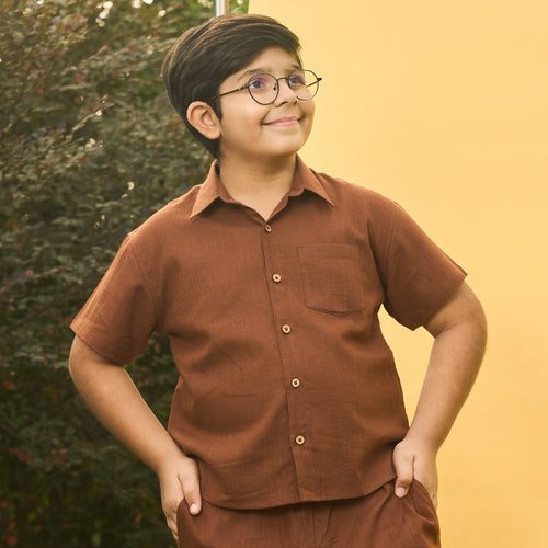 Brown Cotton Slub Boys Shirt-Kidswear-House of Ekam