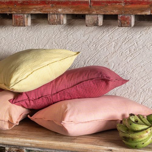 Butter Yellow Checks Venkatagiri Cotton Handloom Cushion Cover-Cushion Covers-House of Ekam