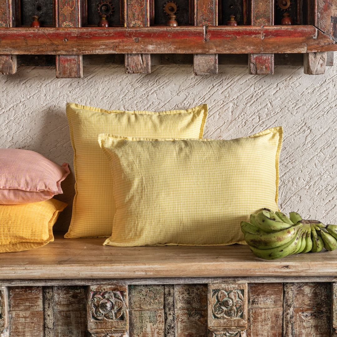 Butter Yellow Checks Venkatagiri Cotton Handloom Cushion Cover-Cushion Covers-House of Ekam