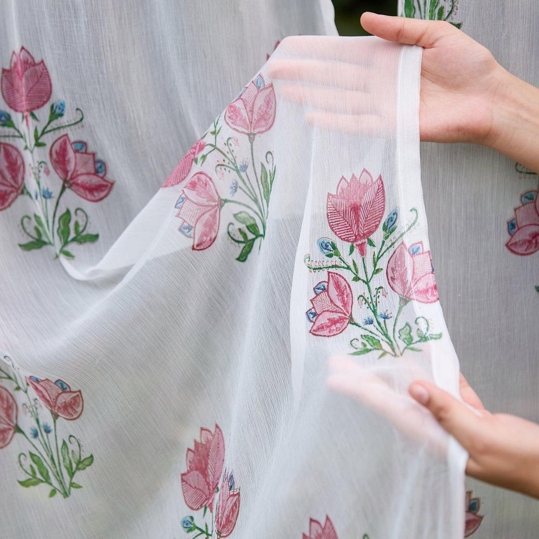 Chiffon Amara Hand Blockprinted Sheer Curtain-Curtains-House of Ekam