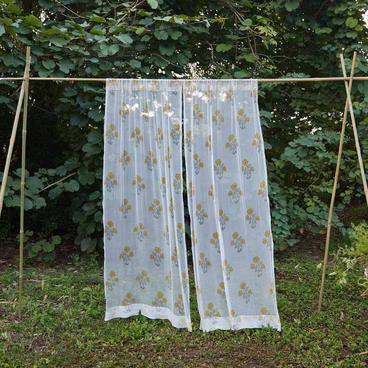 Chiffon Amaryllis Yellow Hand Blockprinted Sheer Curtain-Curtains-House of Ekam