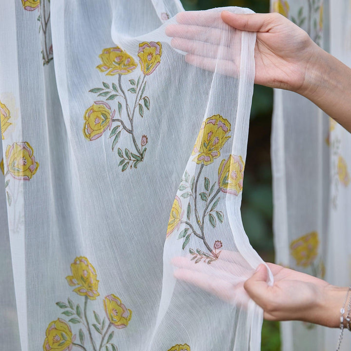 Chiffon Amaryllis Yellow Hand Blockprinted Sheer Curtain-Curtains-House of Ekam