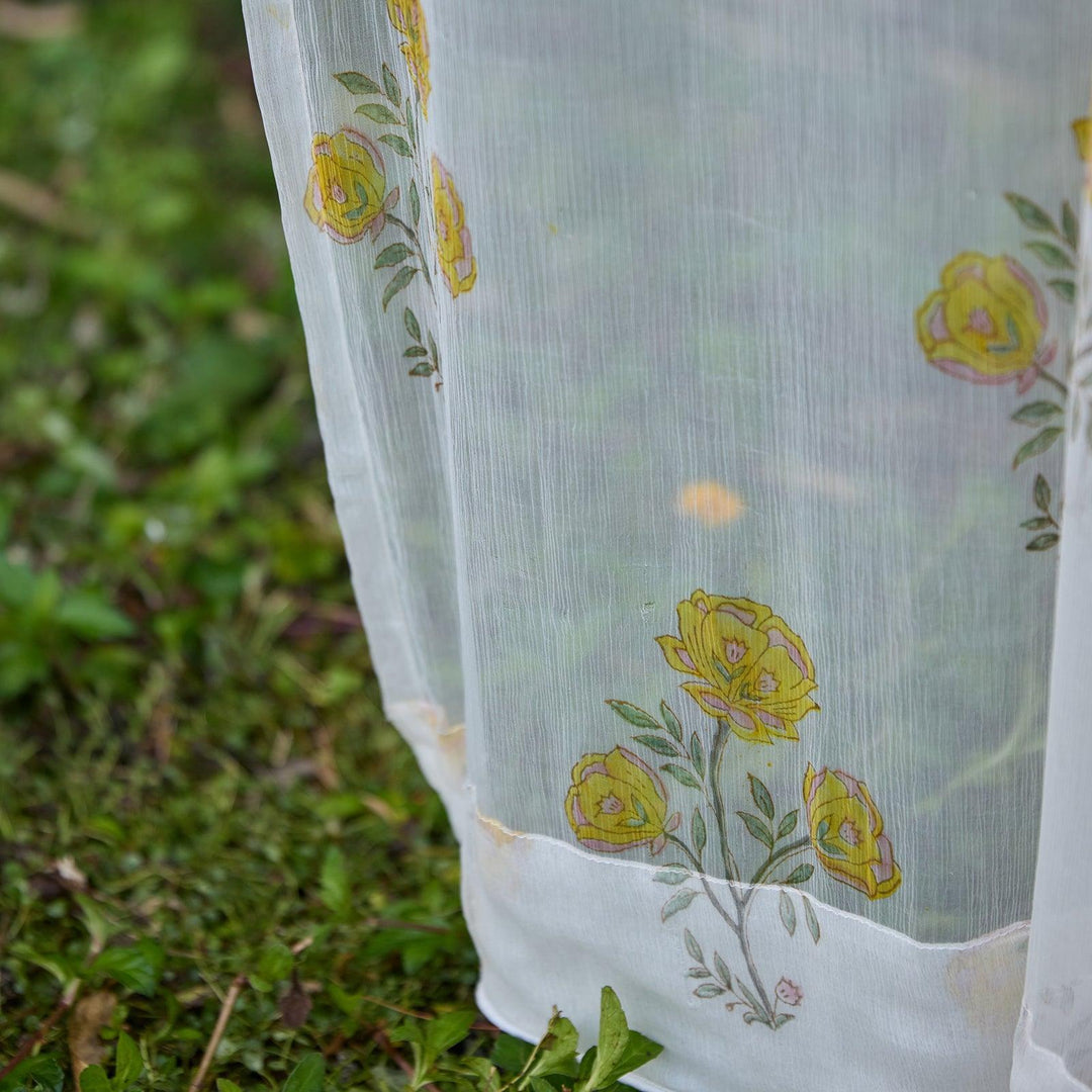 Chiffon Amaryllis Yellow Hand Blockprinted Sheer Curtain-Curtains-House of Ekam