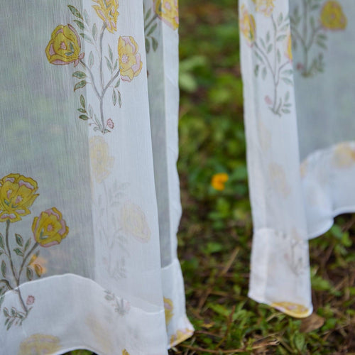 Chiffon Amaryllis Yellow Hand Blockprinted Sheer Curtain-Curtains-House of Ekam