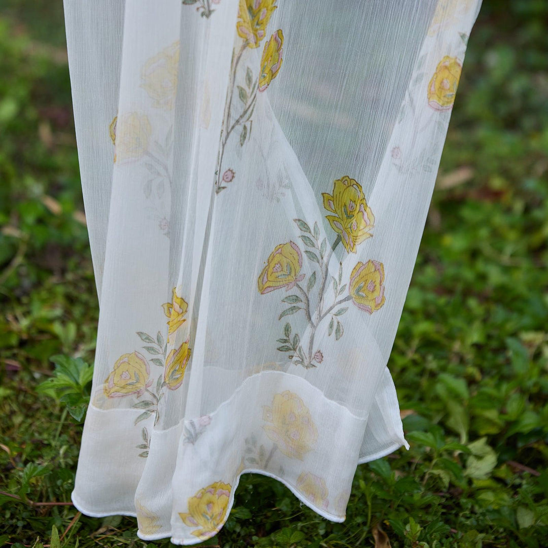 Chiffon Amaryllis Yellow Hand Blockprinted Sheer Curtain-Curtains-House of Ekam