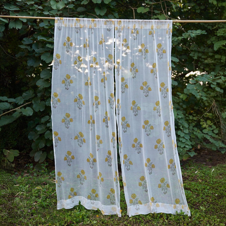 Chiffon Amaryllis Yellow Hand Blockprinted Sheer Curtain-Curtains-House of Ekam