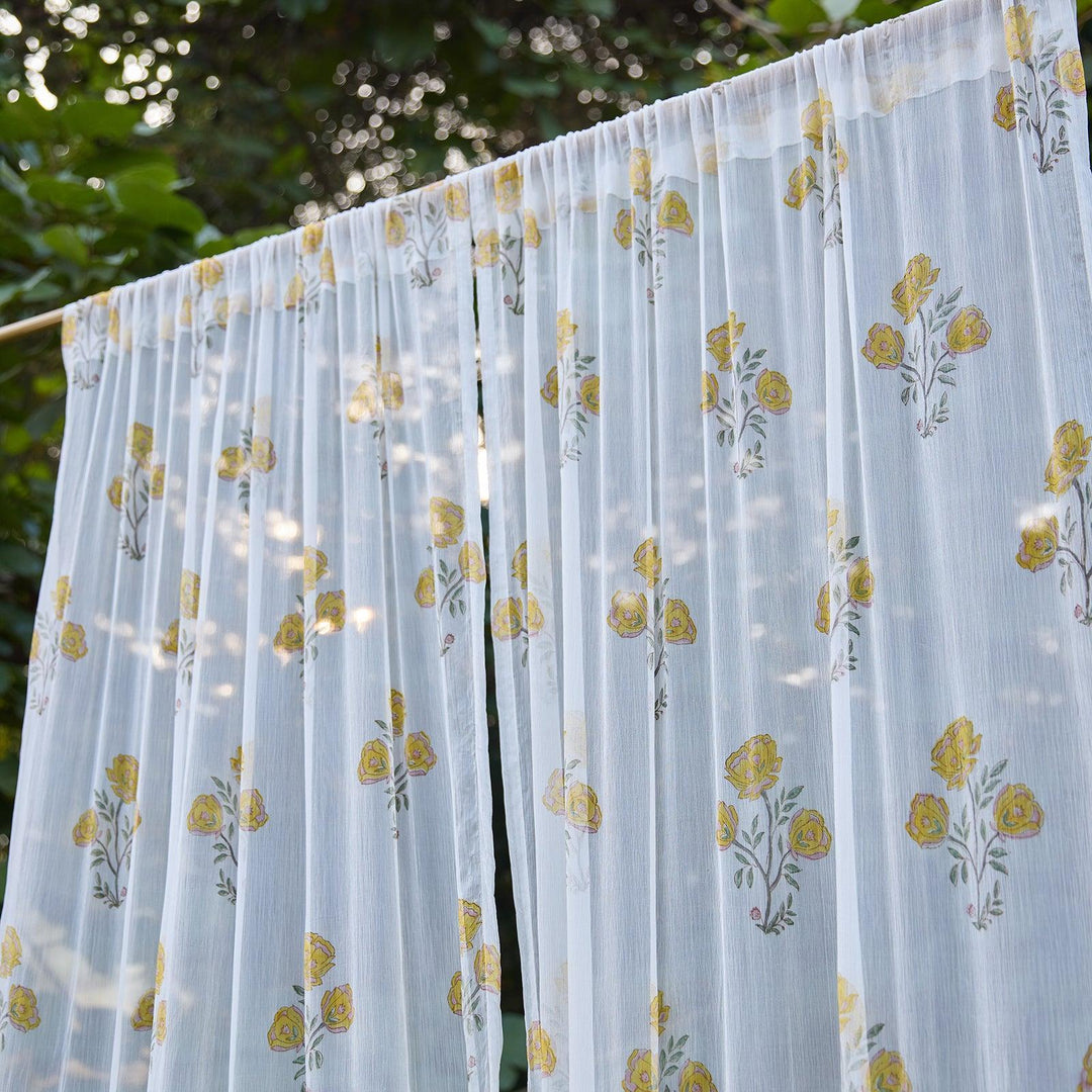 Chiffon Amaryllis Yellow Hand Blockprinted Sheer Curtain-Curtains-House of Ekam