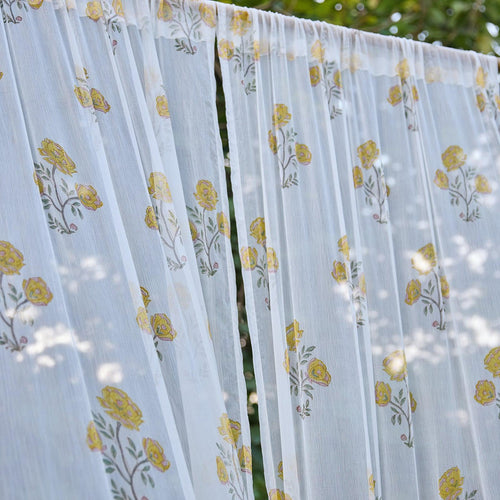 Chiffon Amaryllis Yellow Hand Blockprinted Sheer Curtain-Curtains-House of Ekam