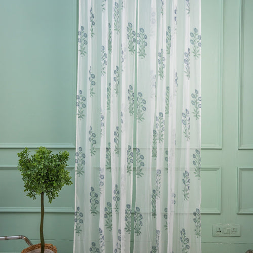 Chiffon Bluebell Hand Blockprinted Sheer Curtain-Curtains-House of Ekam