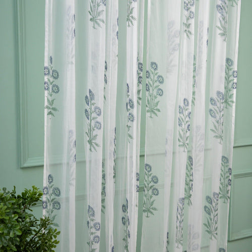 Chiffon Bluebell Hand Blockprinted Sheer Curtain-Curtains-House of Ekam