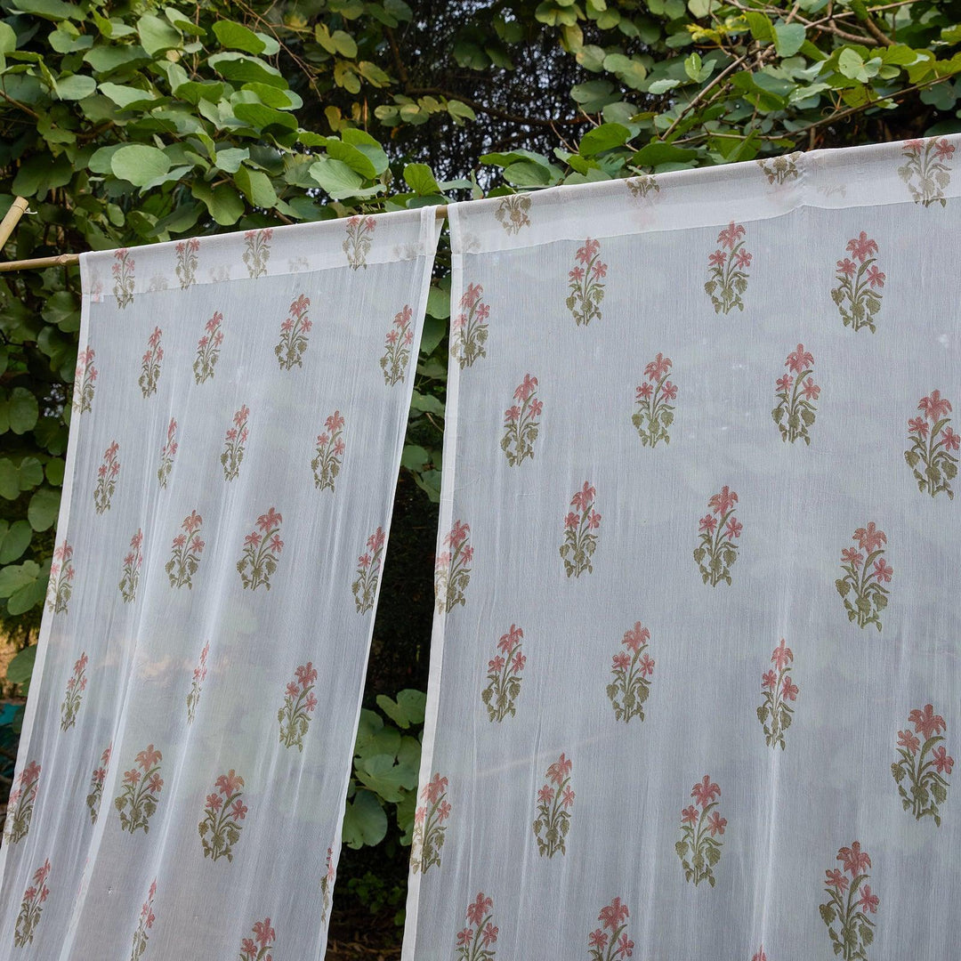 Chiffon Freesia Hand Blockprinted Sheer Curtain-Curtains-House of Ekam