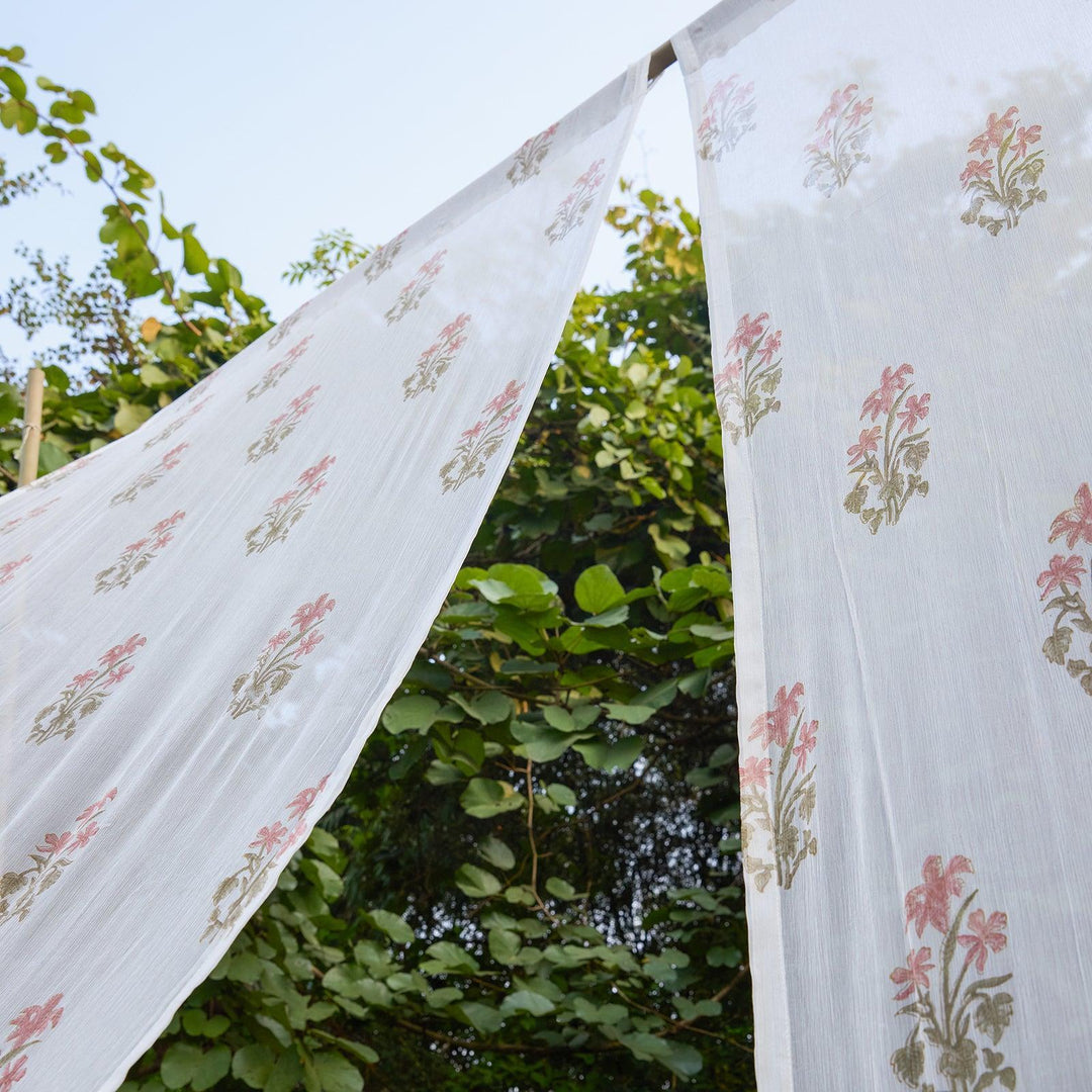 Chiffon Freesia Hand Blockprinted Sheer Curtain-Curtains-House of Ekam