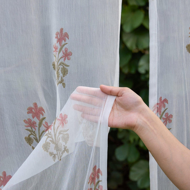 Chiffon Freesia Hand Blockprinted Sheer Curtain-Curtains-House of Ekam