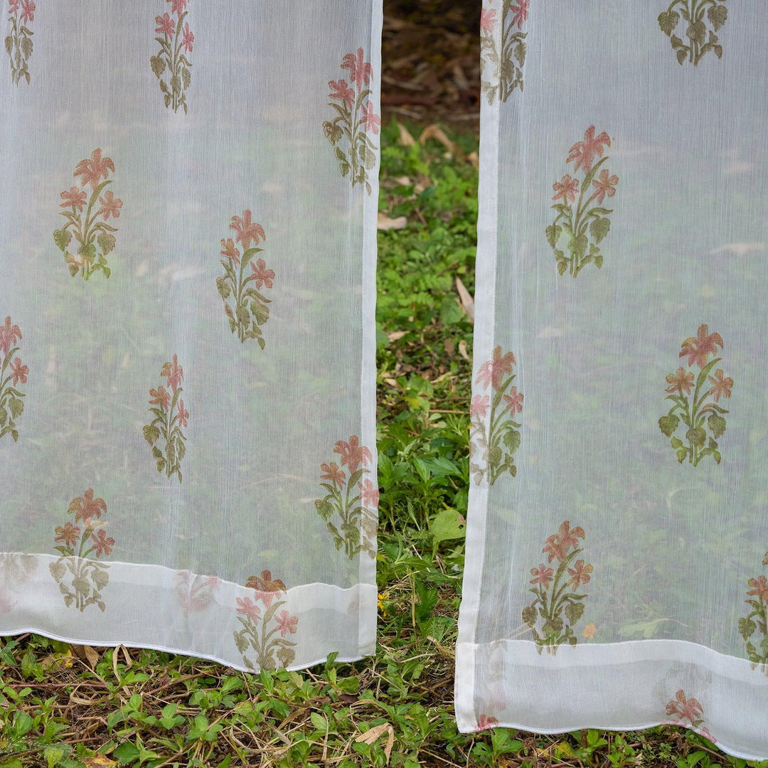 Chiffon Freesia Hand Blockprinted Sheer Curtain-Curtains-House of Ekam
