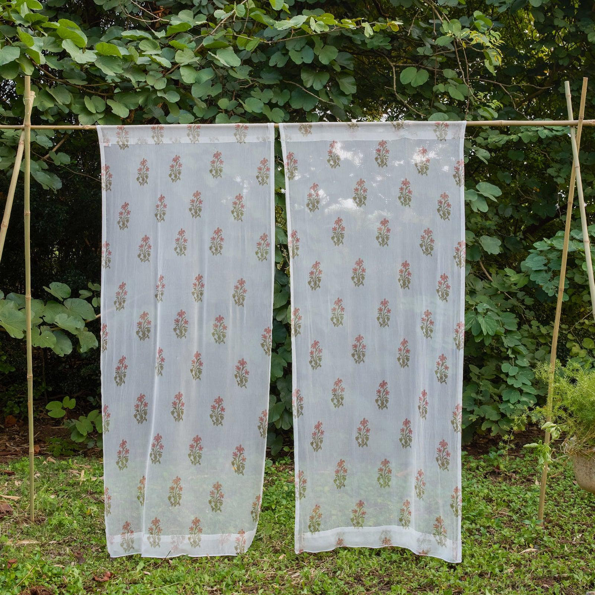 Chiffon Freesia Hand Blockprinted Sheer Curtain-Curtains-House of Ekam